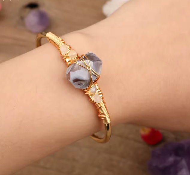 Botswana Agate Crystal Gold Wire Wrap  Bracelets 