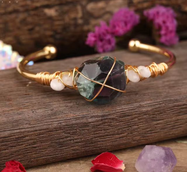 Rainbow Fluorite Crystal Gold Wire Wrap  Bracelets 