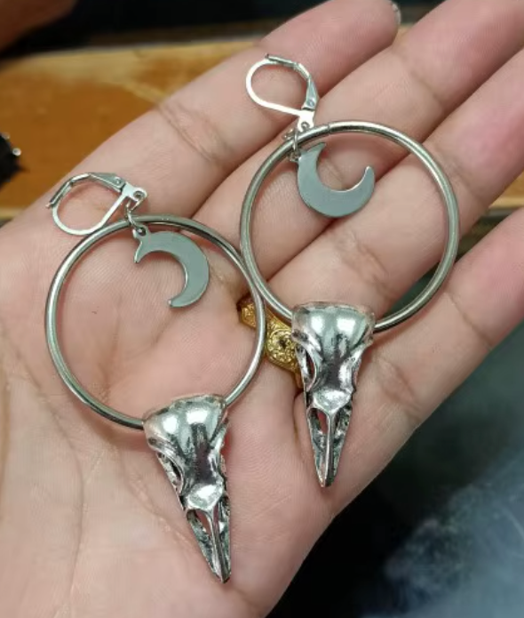 Raven Skull Moon Earrings