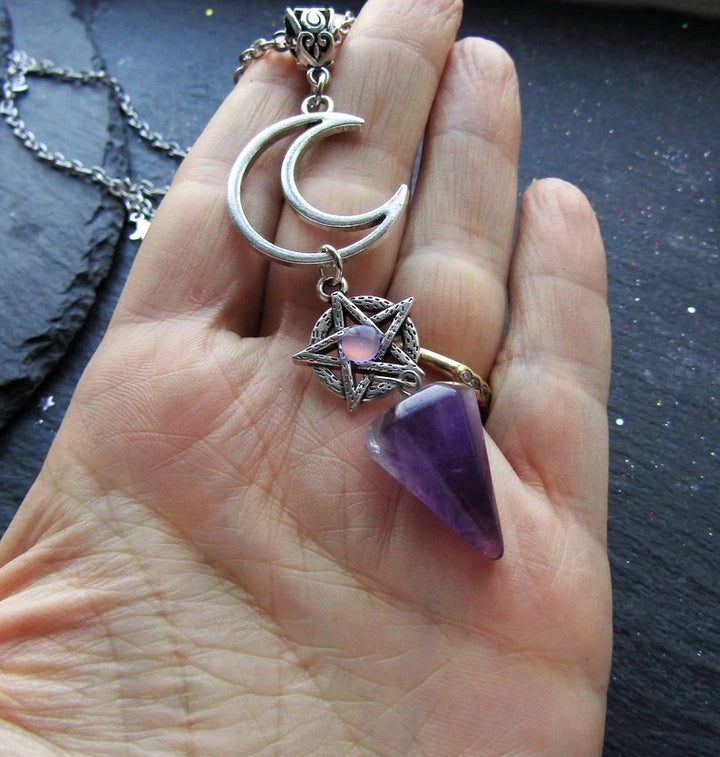 Amethyst Moon Pentacle Pendulum Necklace | Green Witch Creations