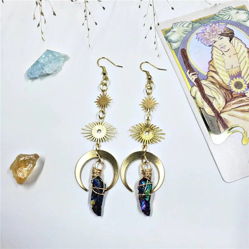 Rainbow Aura Quartz Brass Eyes Gold Crystal Earrings For Sale | Green Witch Creations