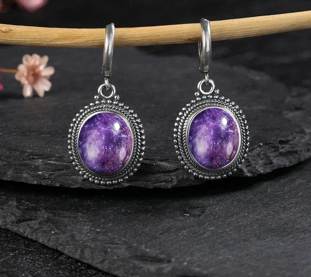 925 Sterling Silver Amethyst Oval Earrings