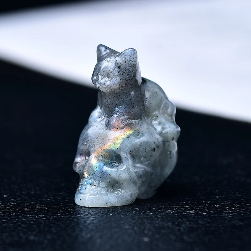 Labradorite Cat Skull Crystal Figurines | Green Witch Creations