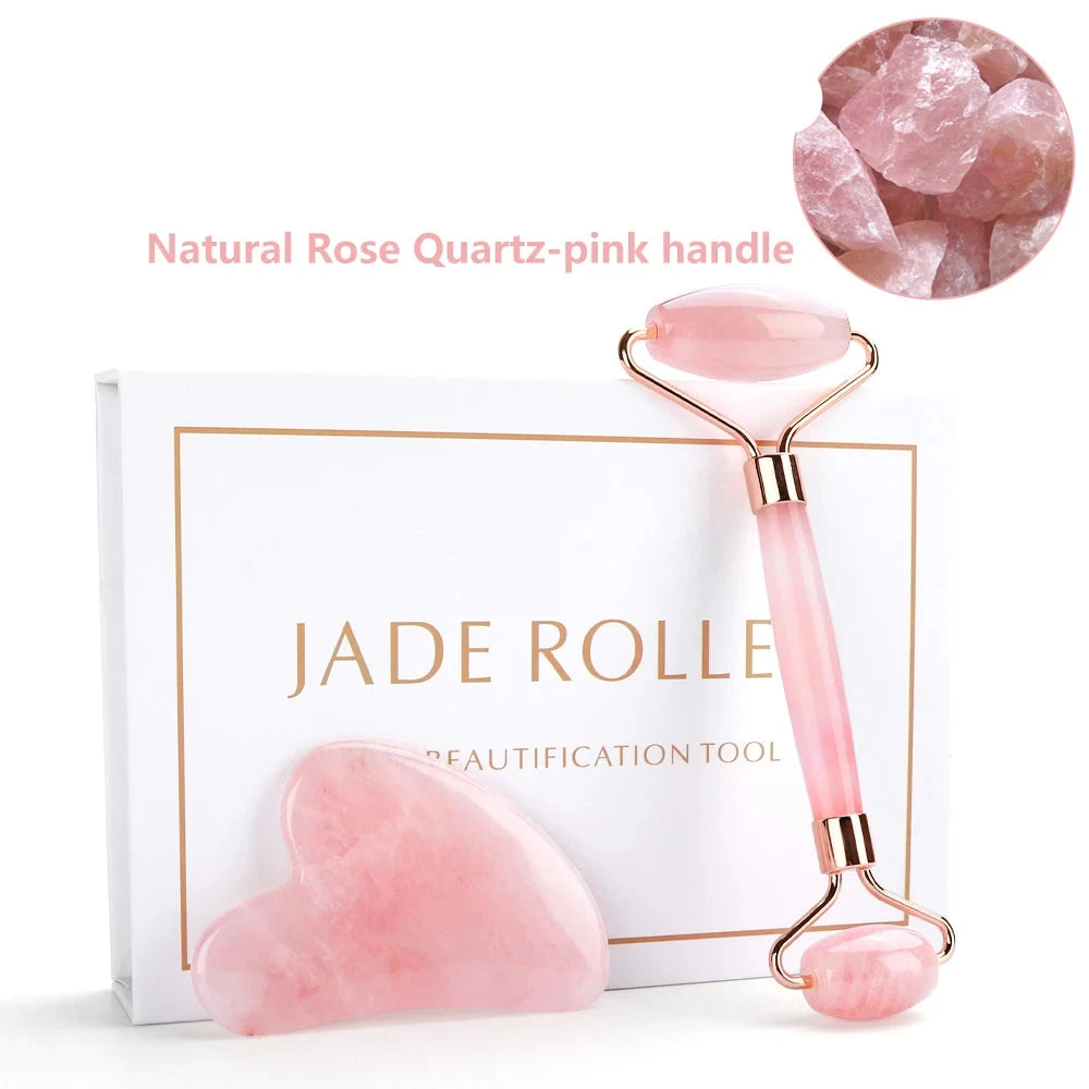 Rose Quartz Crystal Gua Sha Facial Massage Roller Set | Green Witch Creations