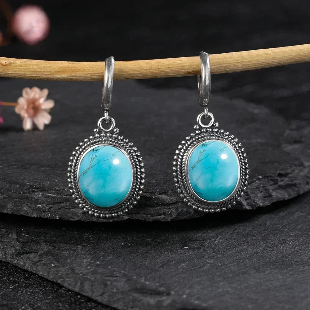 925 Sterling Silver Turquoise Stone Oval Earrings | Green Witch Creations