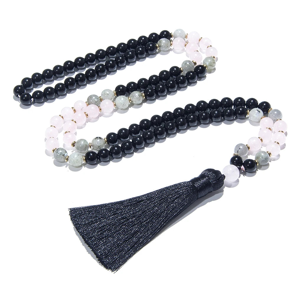 Black Onyx, Rose Quartz, & Labradorite Mala Necklace