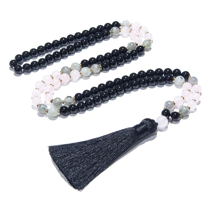 Black Onyx, Rose Quartz, & Labradorite Mala Necklace