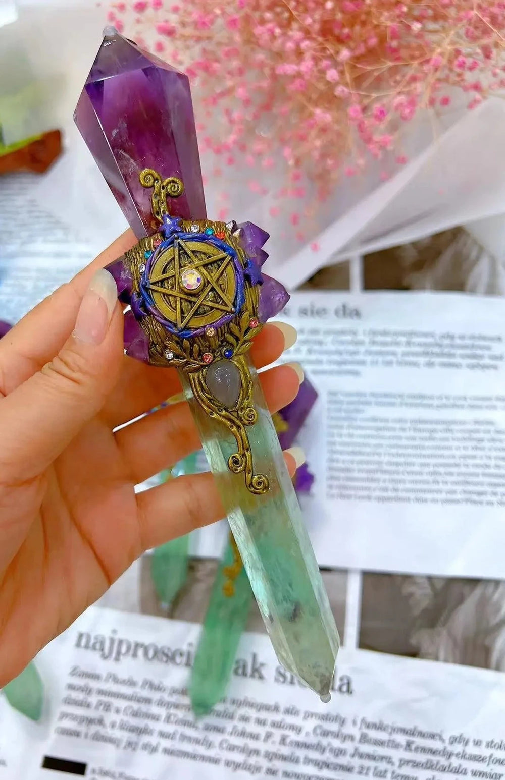 Handmade Green Fluorite & Amethyst Pentacle Witch Wand