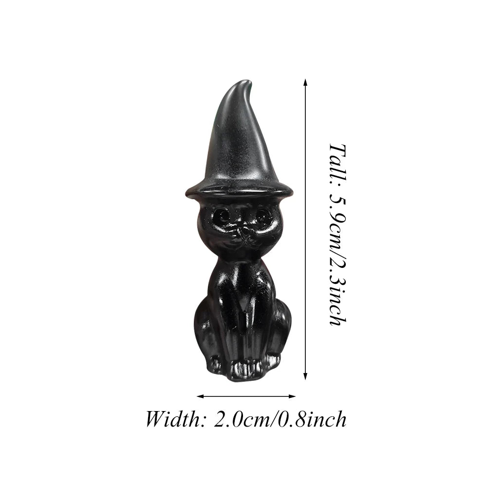 Obsidian Crystal Witch Cat Statue Figurines