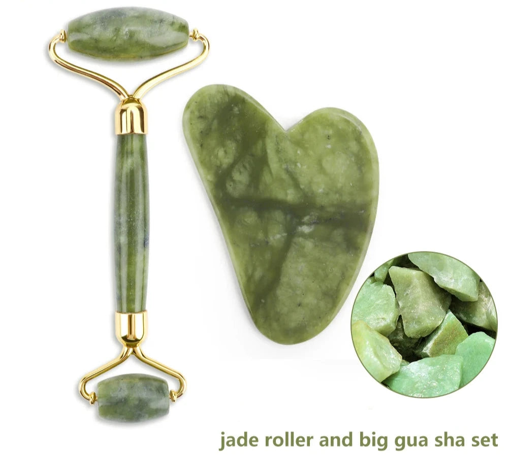 Green Jade Crystal Gua Sha Facial Massage Roller Set | Green Witch Creations