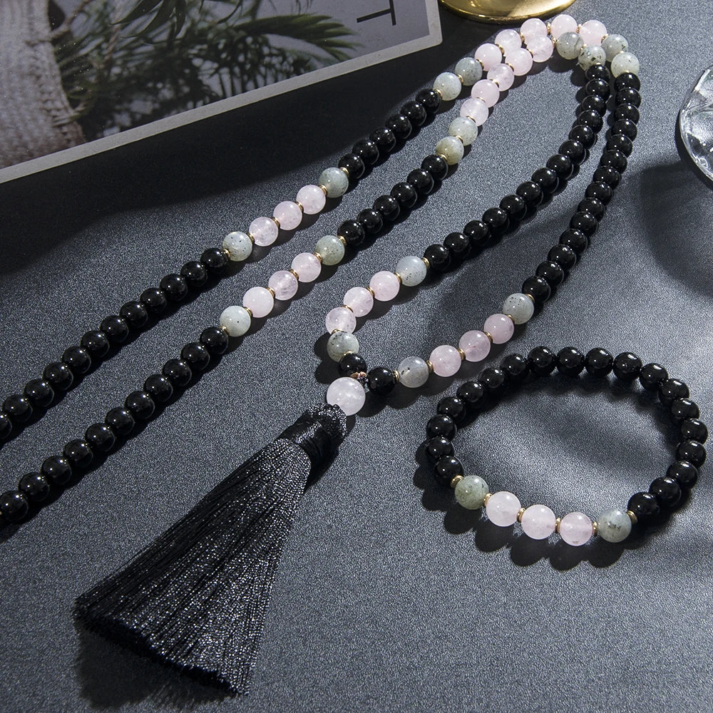 Black Onyx, Rose Quartz, & Labradorite Mala Necklace