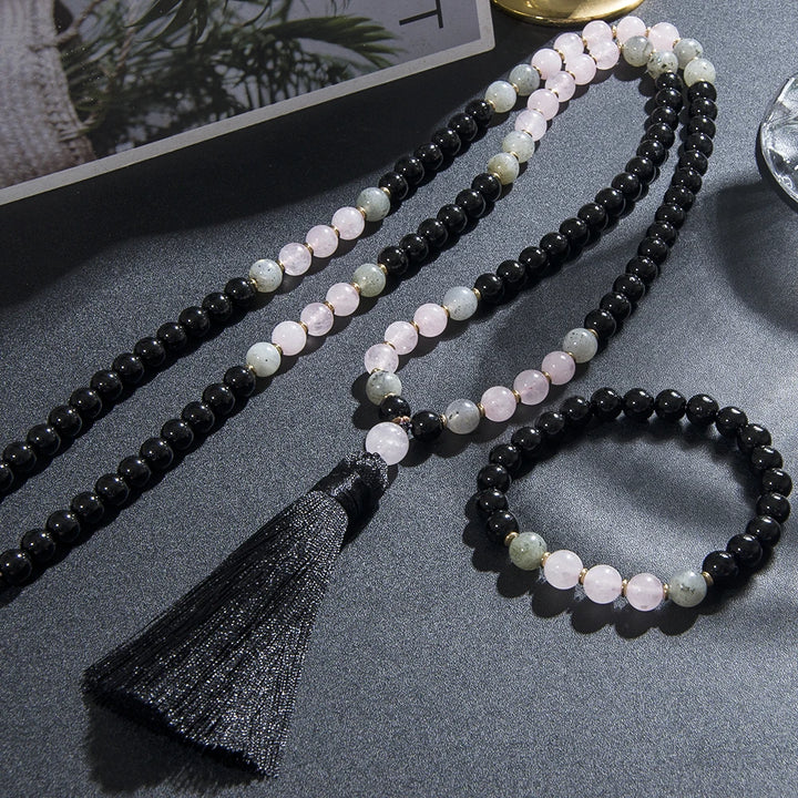 Black Onyx, Rose Quartz, & Labradorite Mala Necklace