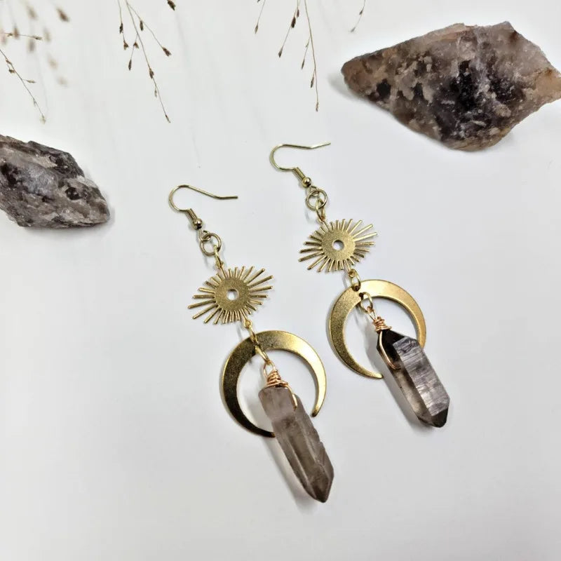 Smokey Quartz Brass Eyes Gold Crystal Earrings For Sale | Green Witch Creations