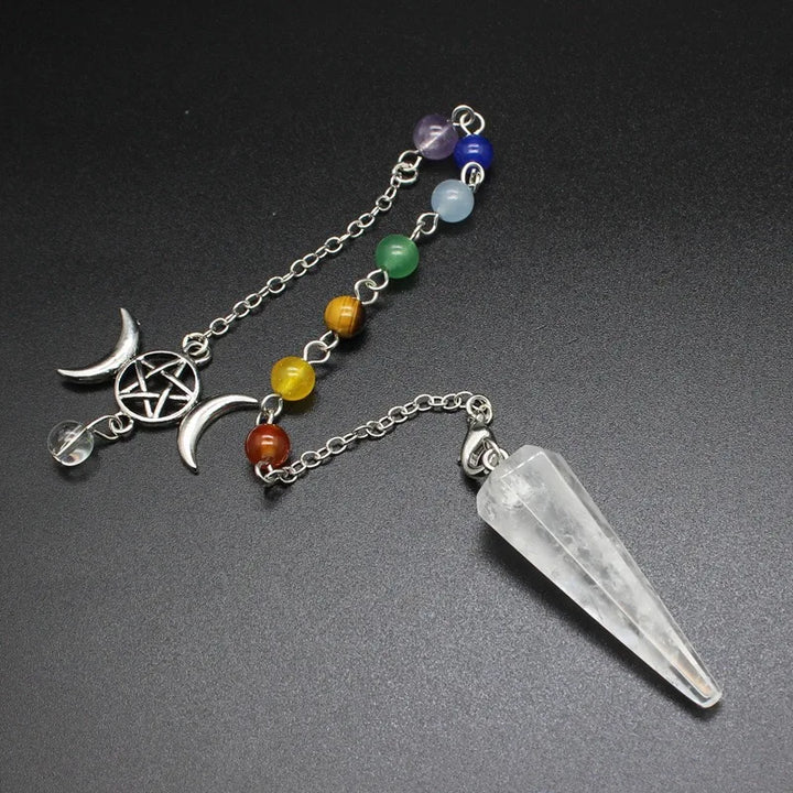 Clear Quartz Triple Moon Goddess Pentacle Chakra Pendulums | Green Witch Creations