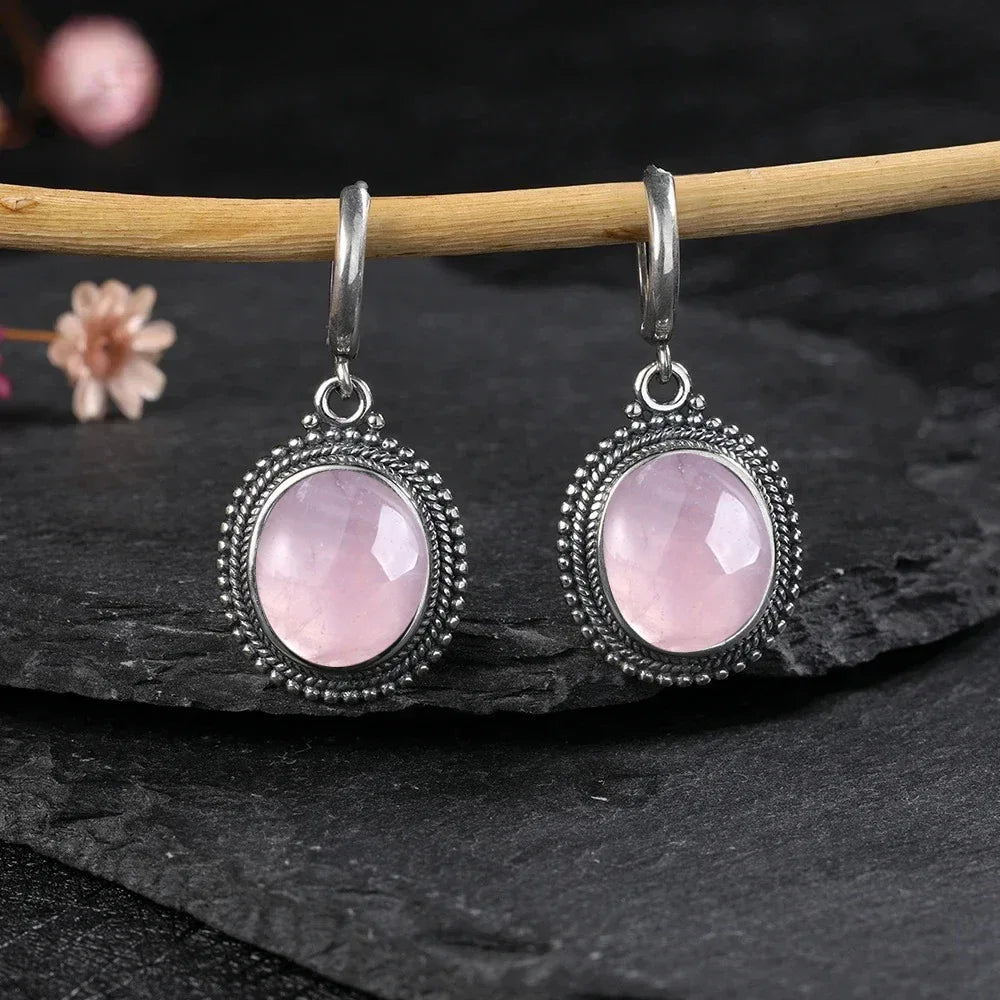 925 Sterling Silver Rose Quartz Stone Oval Earrings | Green Witch Creations