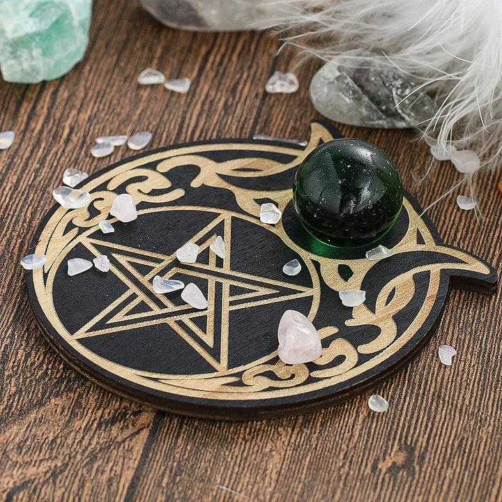 Triple Moon Pentacle Wood Crystal Ball Stand | Green Witch Creations