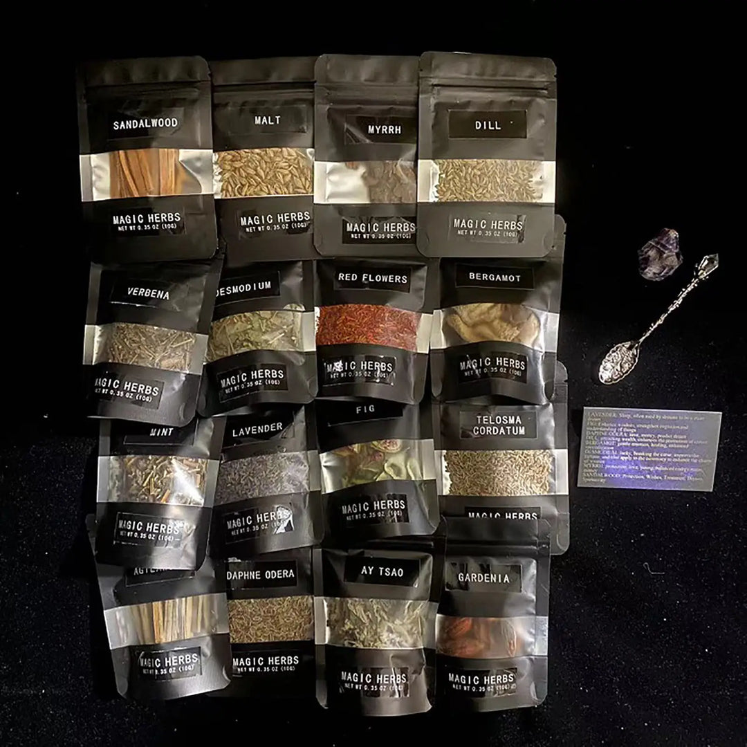 Magic Herbs Witchcraft Kit For Sale with 30 Herbs & Teaspoon | Green Witch Creations