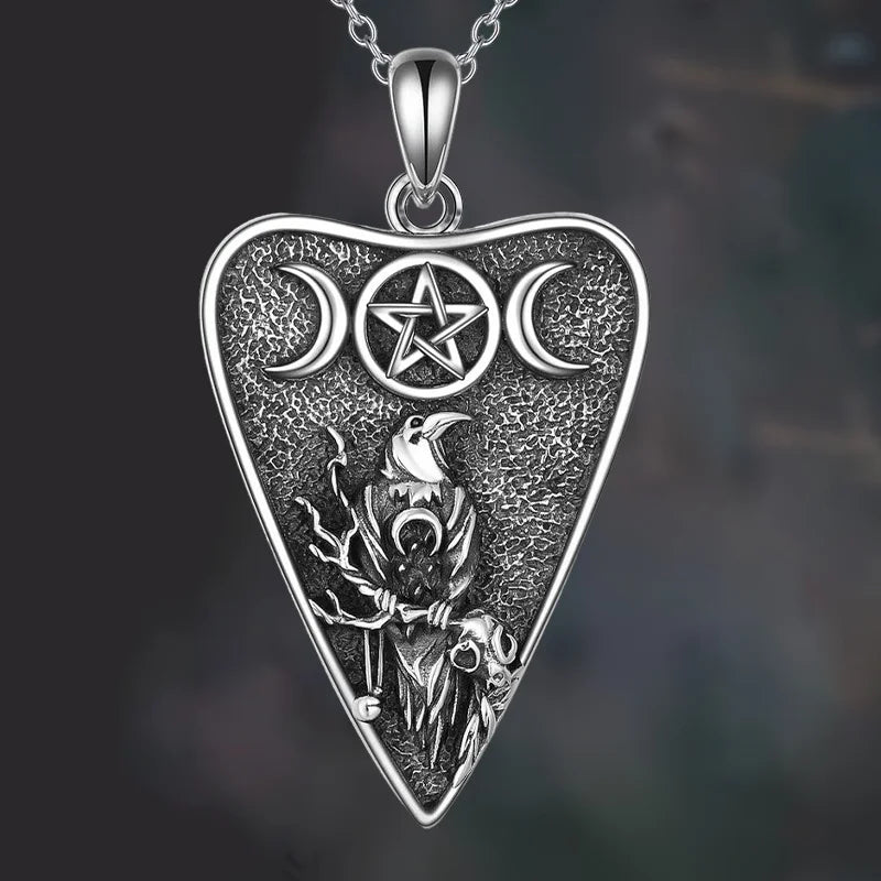 Raven Triple Moon Pentacle Planchette Necklace