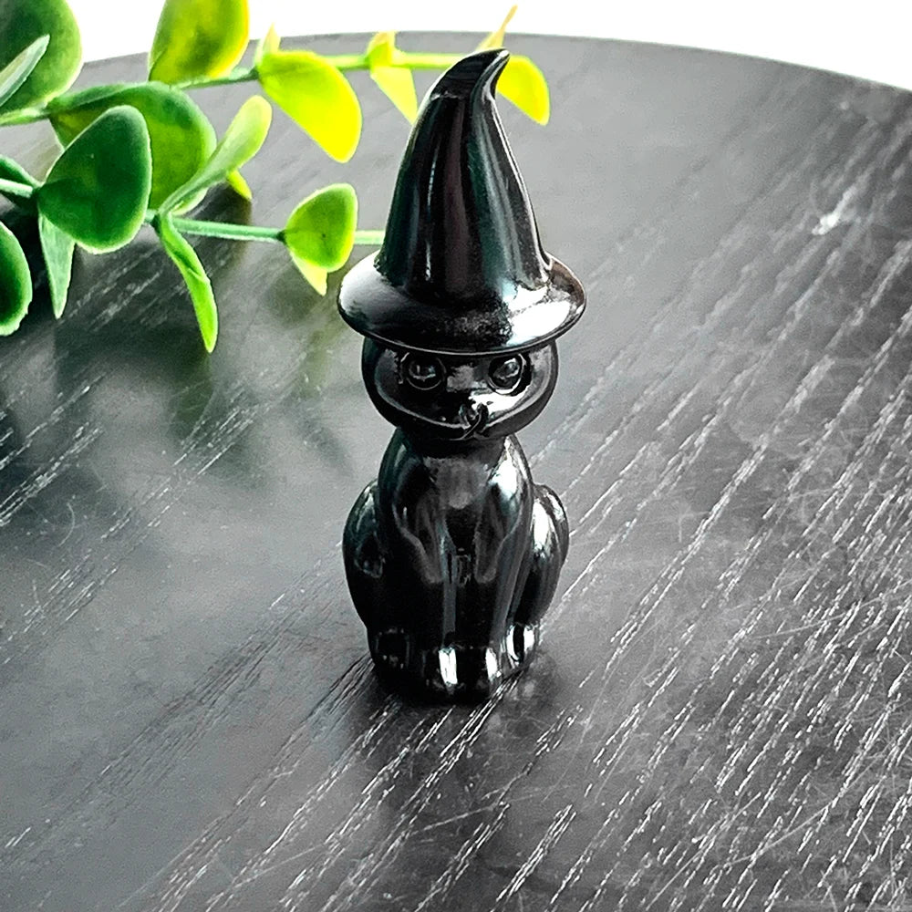 Obsidian Crystal Witch Cat Statue