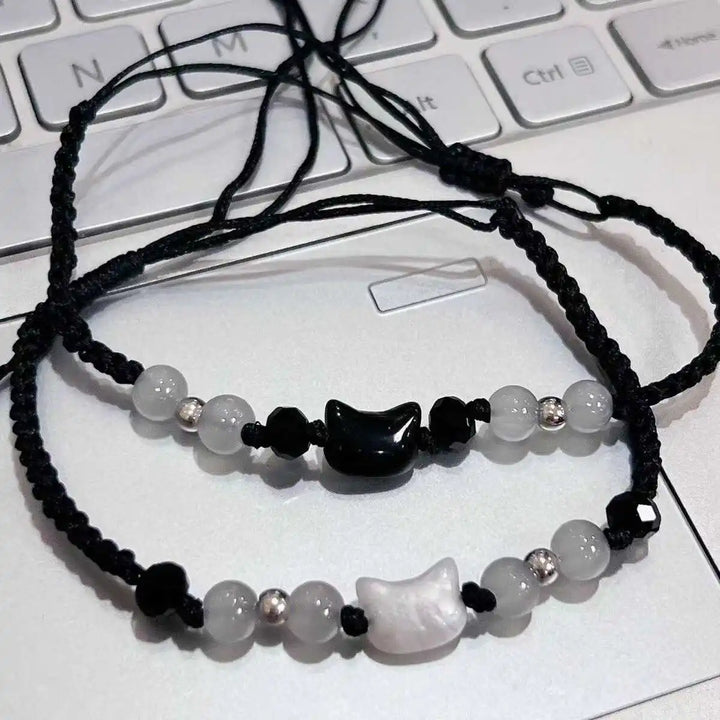 Moonstone Obsidian Cat Charm Bracelet