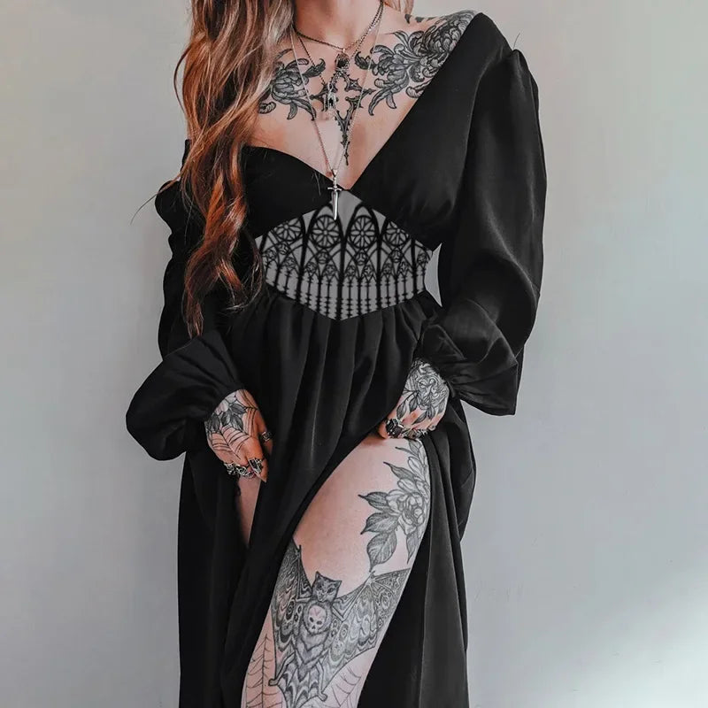 V-Neck Victorian Gothic Witchy Black Dress For Sale Online | Green Witch Creations