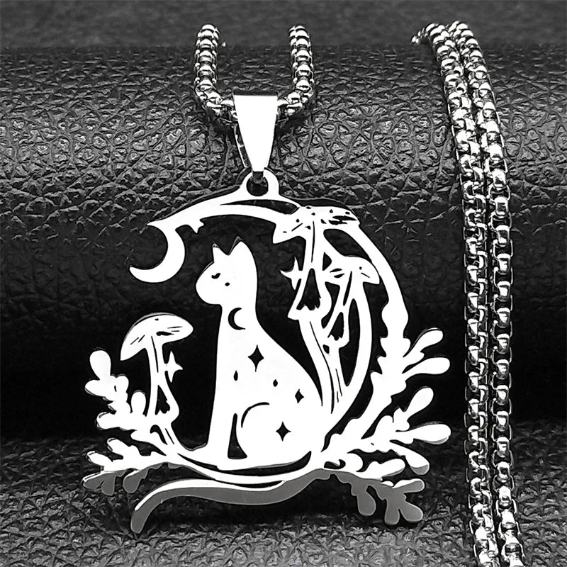 Silver Cat Moon Mushroom Necklaces