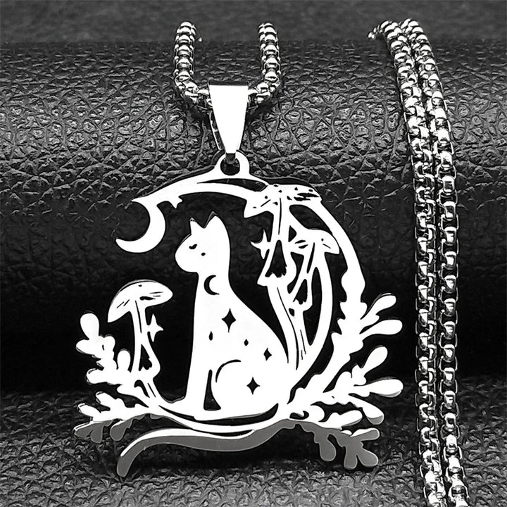 Silver Cat Moon Mushroom Necklaces