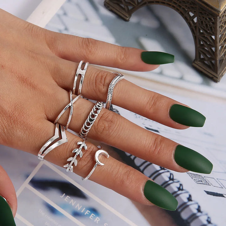Silver Moon Boho Ring Set