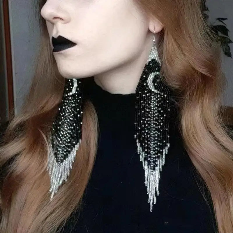 Silver Moon Tassel Earrings