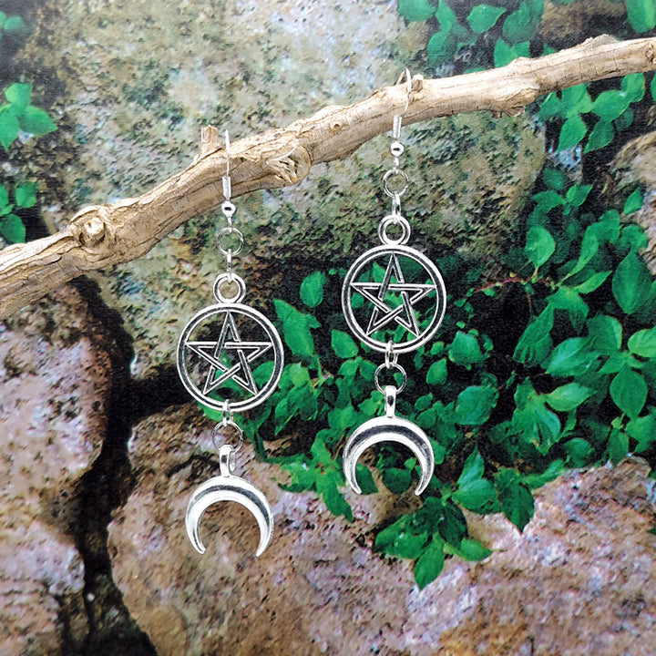 Silver Pentacle Moon Earrings