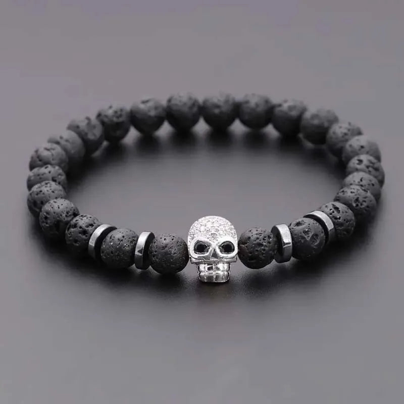 Silver Skull Lava Rock Bracelet 