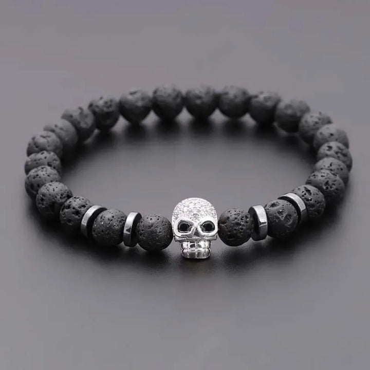 Silver Skull Lava Rock Bracelet 
