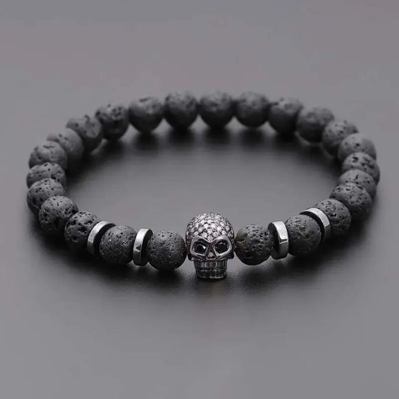 Silver Skull Lava Rock Bracelets
