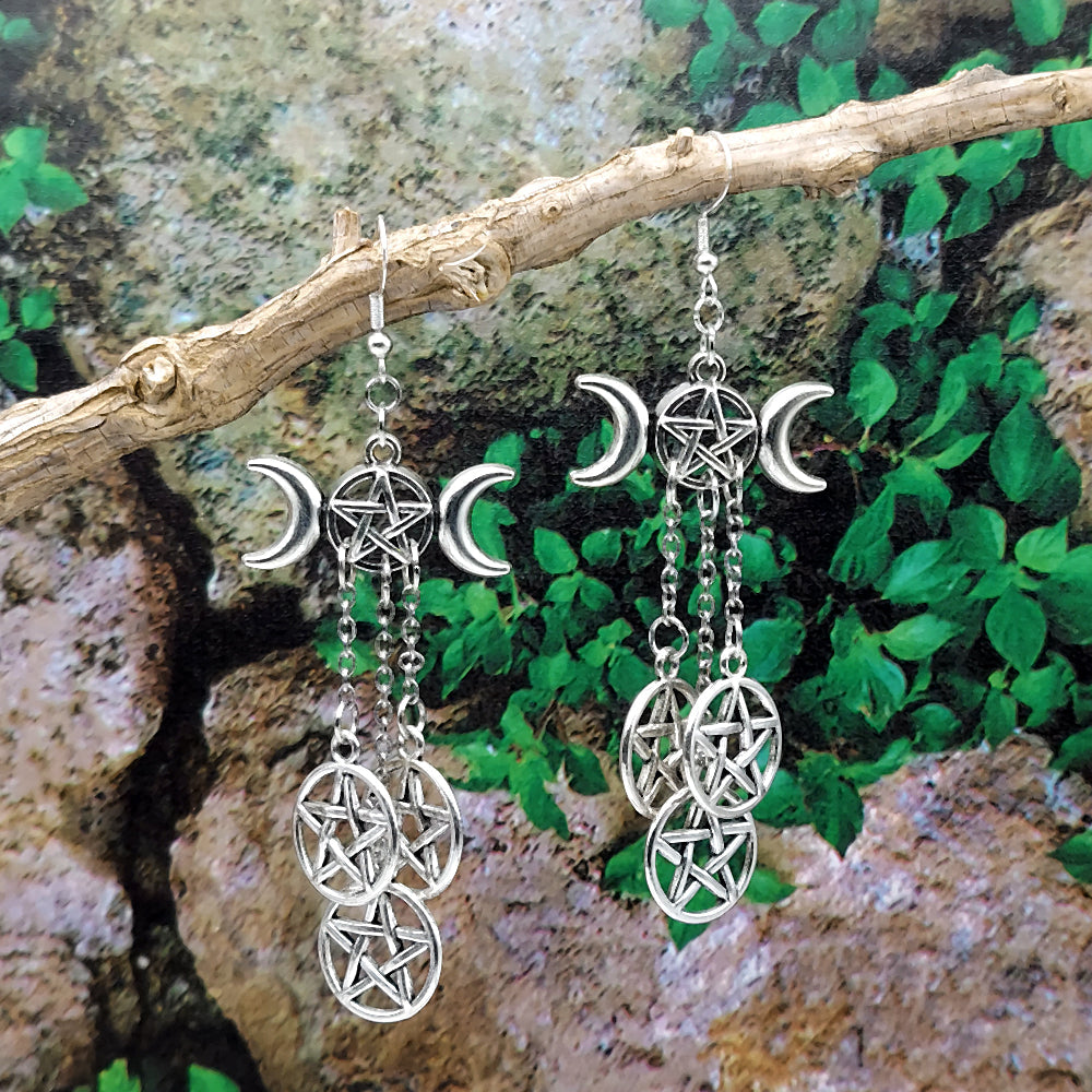 Silver Triple Moon Pentacle Earrings