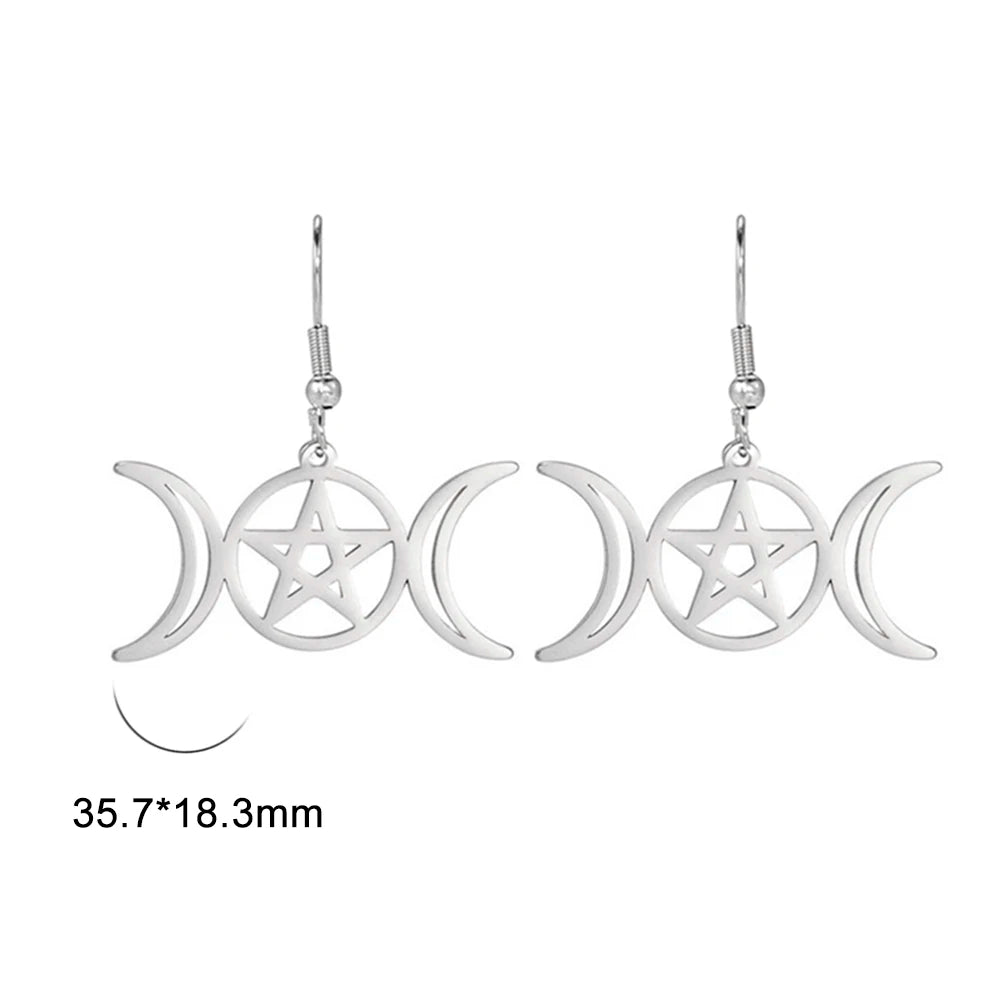 Silver Triple Moon Pentacle Earrings