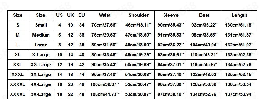 Size Guide Halloween Dress Costume
