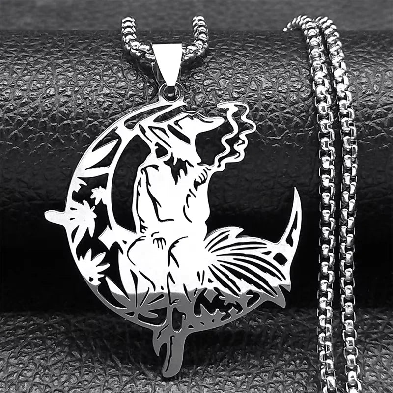 Smoking Witch Broom Moon Silver Necklace