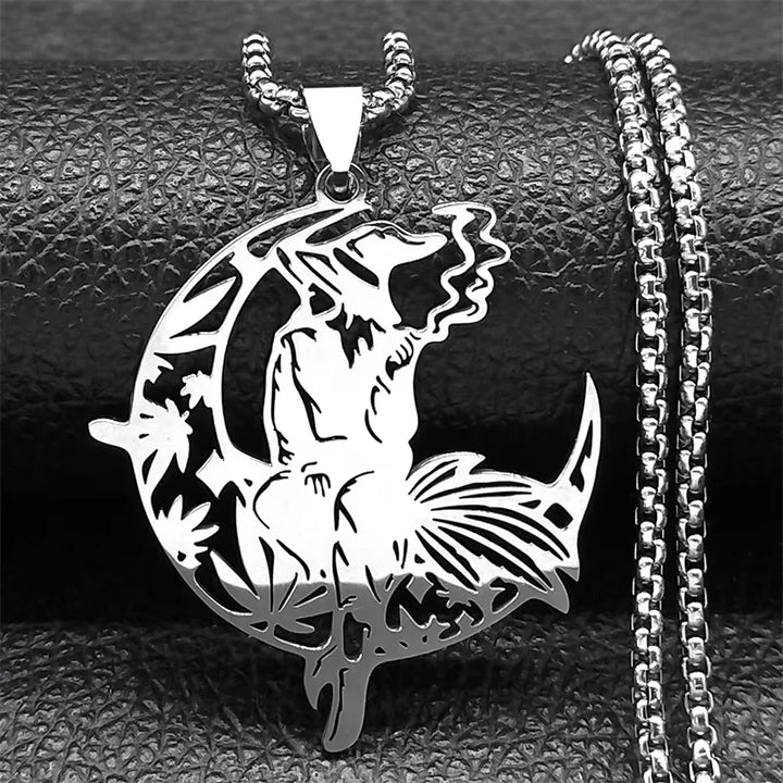 Smoking Witch Broom Moon Silver Necklace