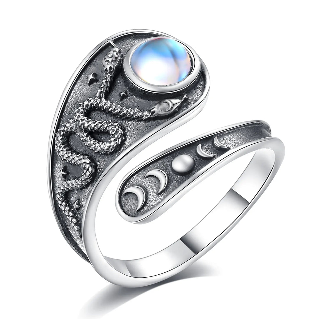 Moonstone Snake Moon Sterling Silver Ring