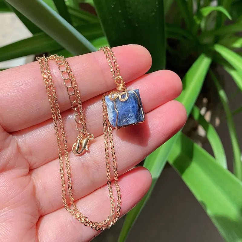 Sodalite Wire Wrap Gold Necklace