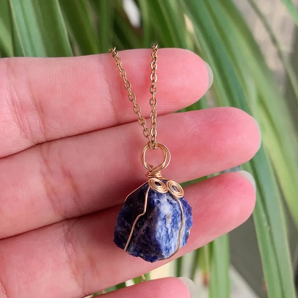 Sodalite Wire Wrap Gold Necklace