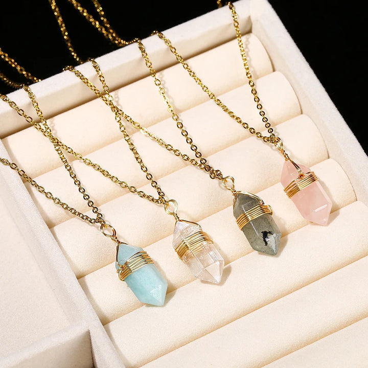 Stone Hexagon Wire Wrap Gold Necklaces