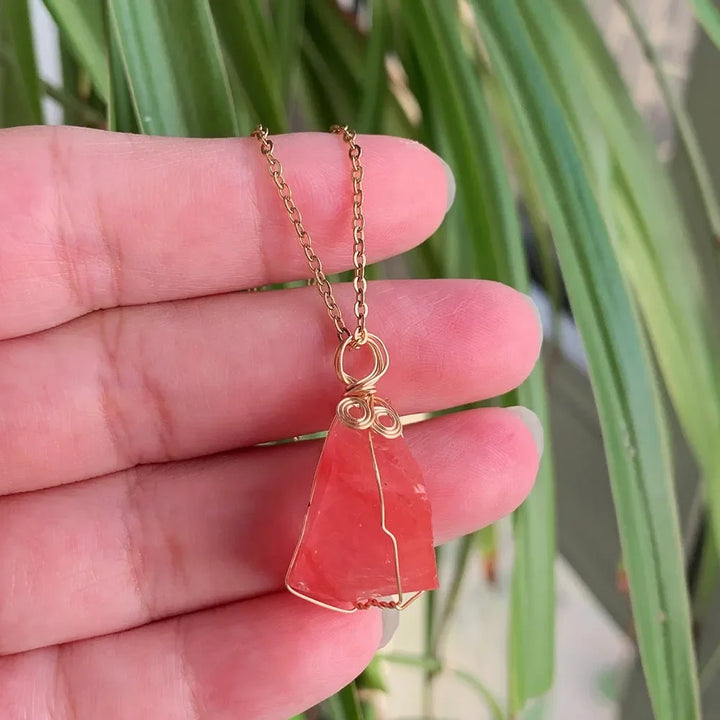 Strawberry Quartz Wire Wrap Gold Necklaces