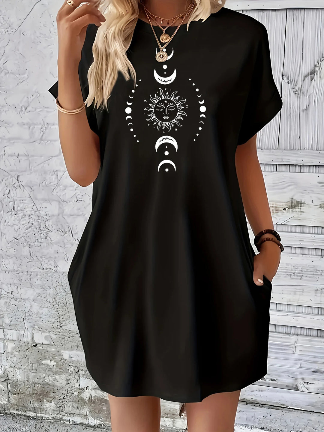 Buy Witchy Boho Sun & Moon Loose Fit Dress, & Witchy Dresses Black / XXXL