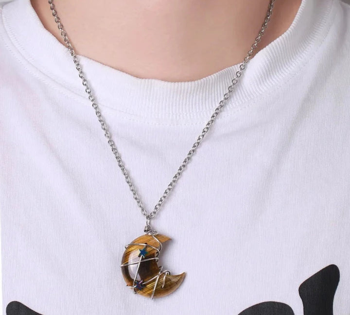 Tiger Eye Crescent Moon & Star Wire Wrap Silver Necklaces