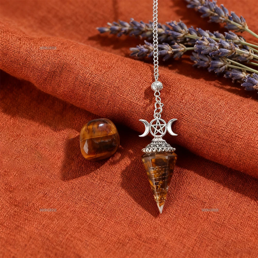Tiger Eye Triple Moon Pentacle Pendulum