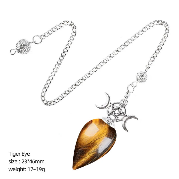 Tiger Eye Triple Moon Pentacle Teardrop Pendulum