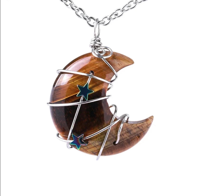 Tigers Eye Crescent Moon & Star Wire Wrap Silver Necklace