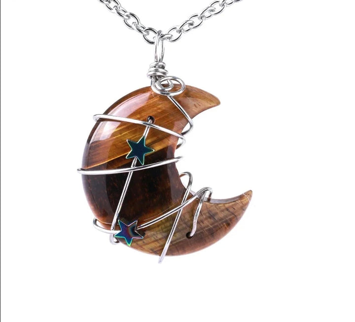 Tigers Eye Crescent Moon & Star Wire Wrap Silver Necklace