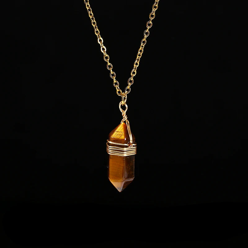 Tigers Eye Hexagon Wire Wrap Gold Necklaces